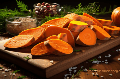 A warm baked sweet potato split open, showing soft orange flesh and steam, symbolizing comfort, nostalgia, and Thanksgiving flavors.