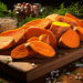 A warm baked sweet potato split open, showing soft orange flesh and steam, symbolizing comfort, nostalgia, and Thanksgiving flavors.