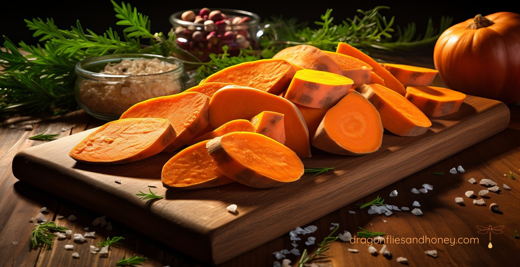 A warm baked sweet potato split open, showing soft orange flesh and steam, symbolizing comfort, nostalgia, and Thanksgiving flavors.