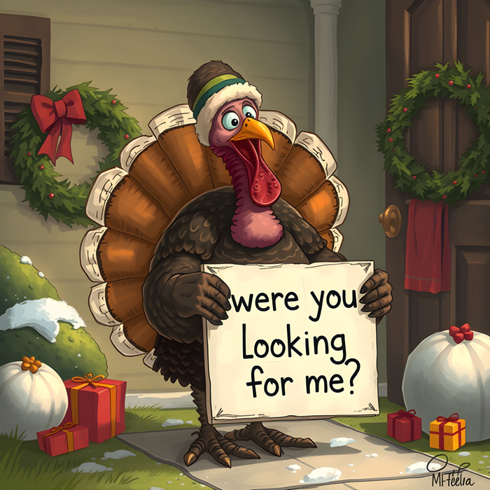 Funny illustrated turkey holding a sign asking “were you looking for me?”