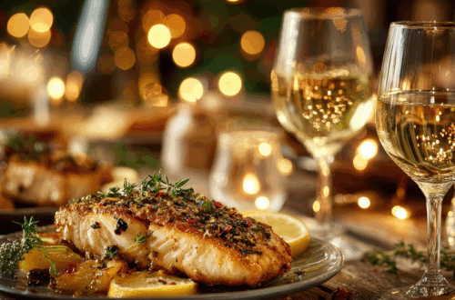 Cozy Christmas seafood dinner with warm lights and wine