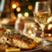 Cozy Christmas seafood dinner with warm lights and wine