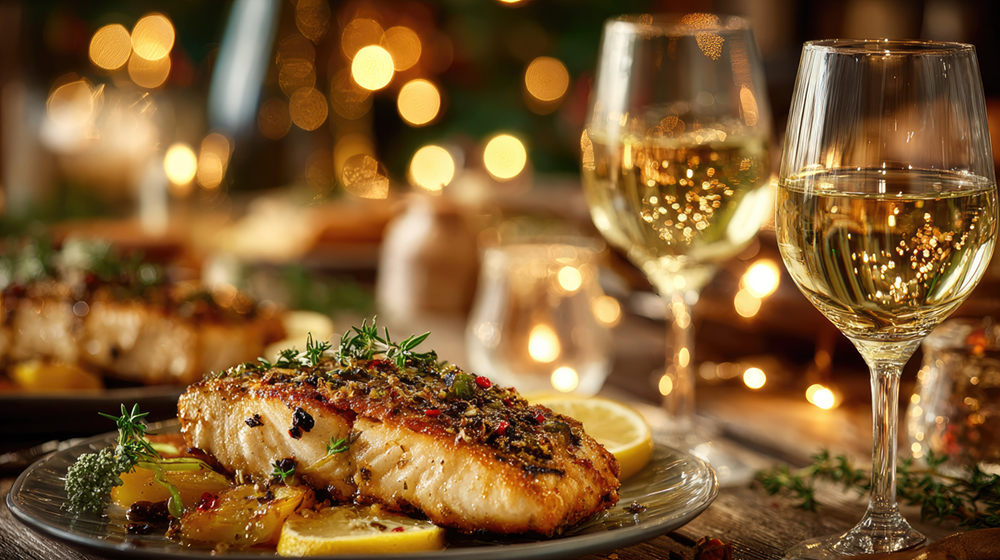 Cozy Christmas seafood dinner with warm lights and wine