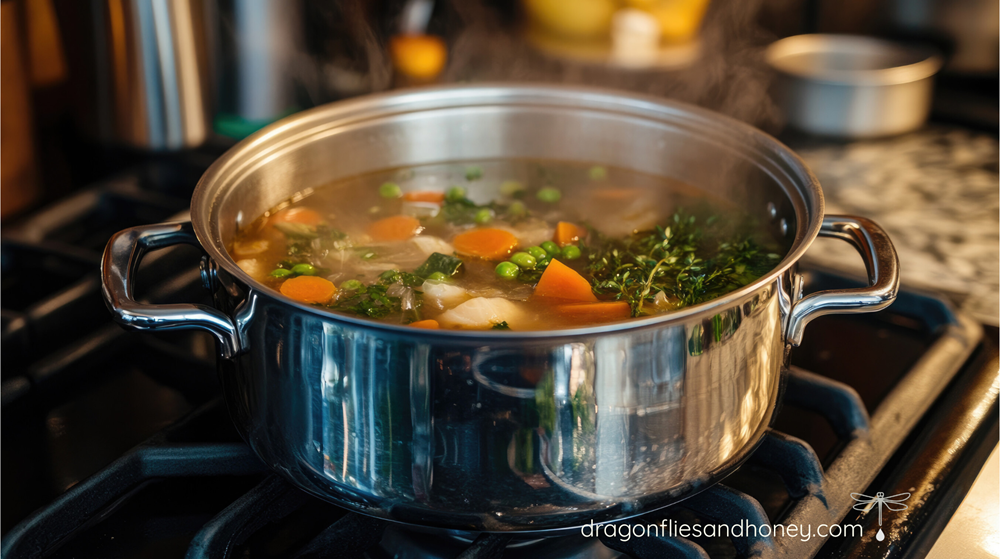 Pot of simmering hot homemade soup