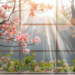 light shining through a window near blossoms
