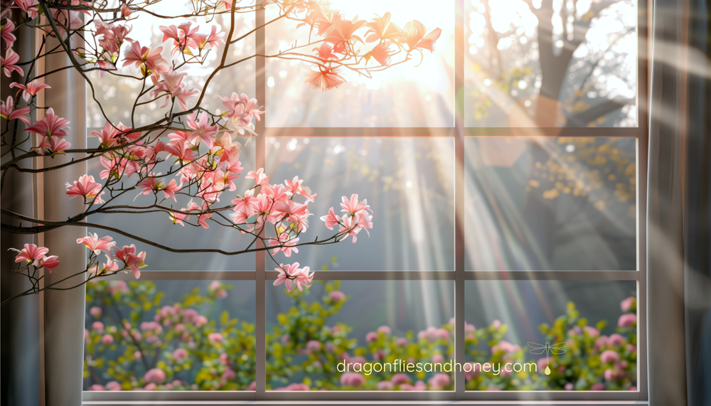 light shining through a window near blossoms