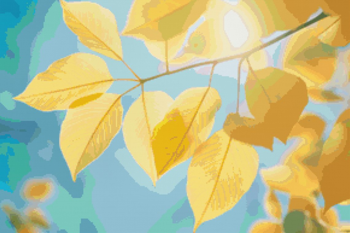 Cross Stitched gold leaves with blue sky