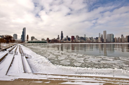 Frozen Lake Michigan with Chicago skyline during late winter in the Midwest.”