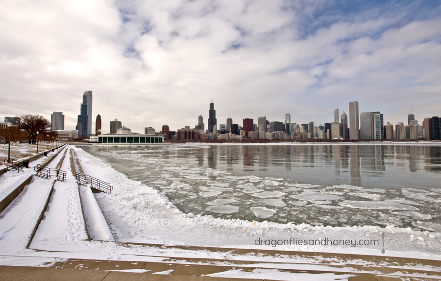 Frozen Lake Michigan with Chicago skyline during late winter in the Midwest.”