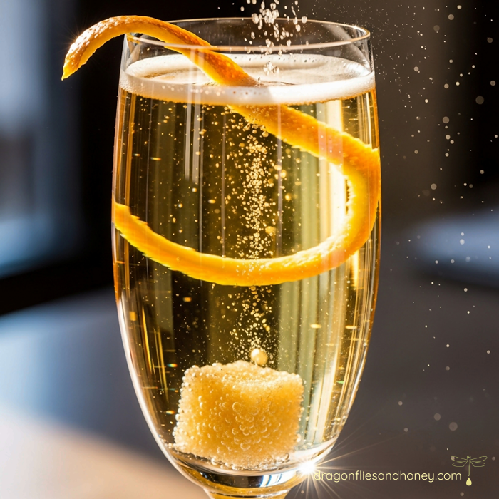 Champagne Cocktail, Champagne, bitters, sugar cube with orange peel twist