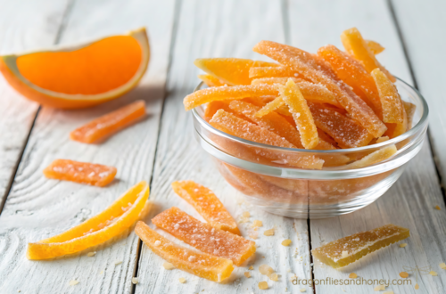 candied orange peels in a bowl