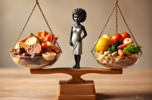 balance scale showing fruits, veggies, nuts, meats with woman in middle at balance point