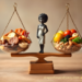 balance scale showing fruits, veggies, nuts, meats with woman in middle at balance point