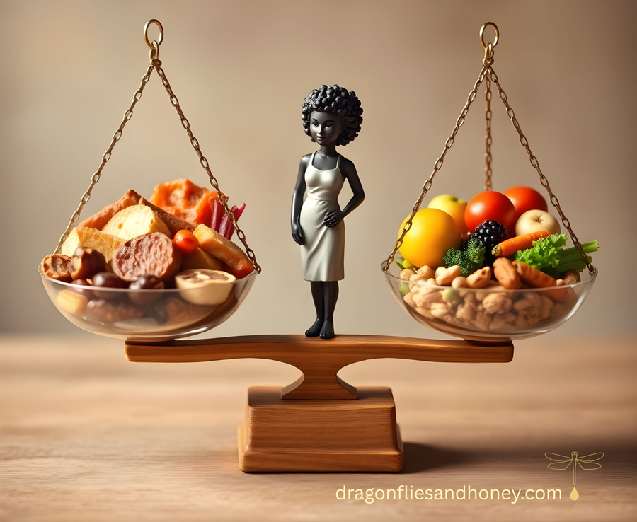 balance scale showing fruits, veggies, nuts, meats with woman in middle at balance point