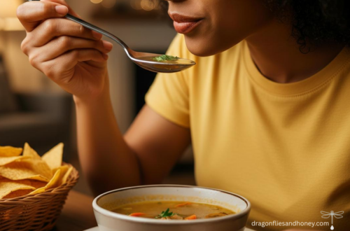 woman in yellow tee shirt eating soup