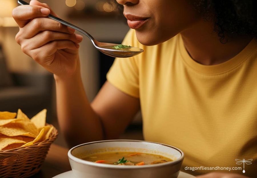 woman in yellow tee shirt eating soup